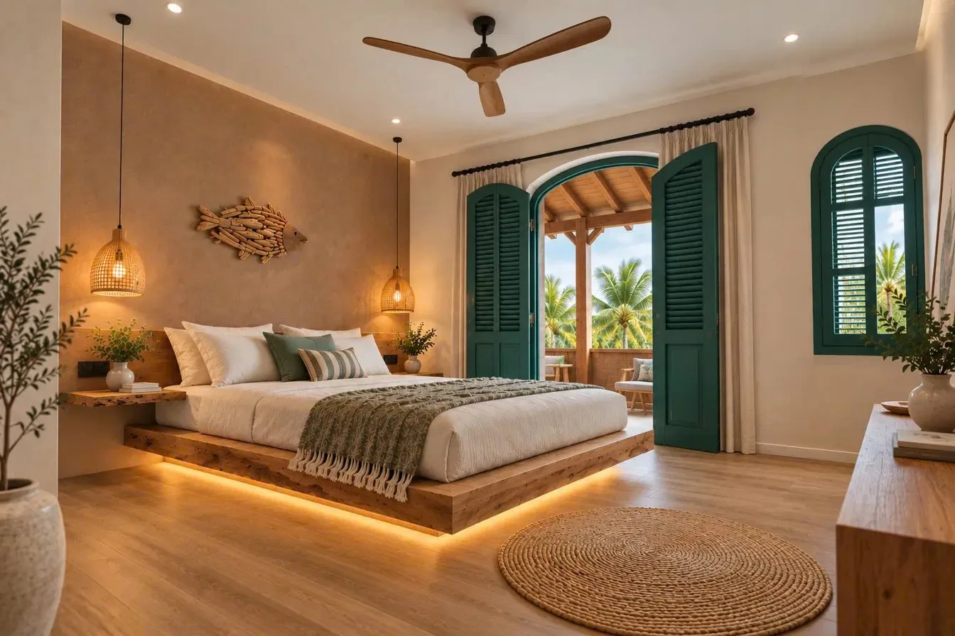 Design render of a bedroom: wooden bed and wooden fish on the wall