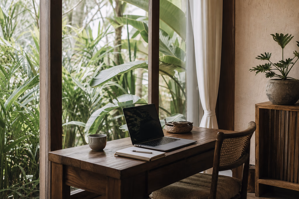 Illustration: a work corner among trees